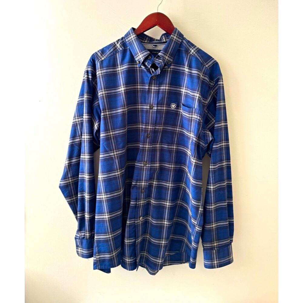 Ariat Pro Series Mens L Blue Plaid Stretch Long Sleeve Button-Down Shirt